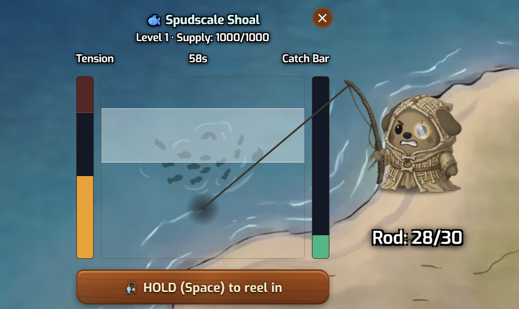 Fishing minigame with tension, fish track and catch bar